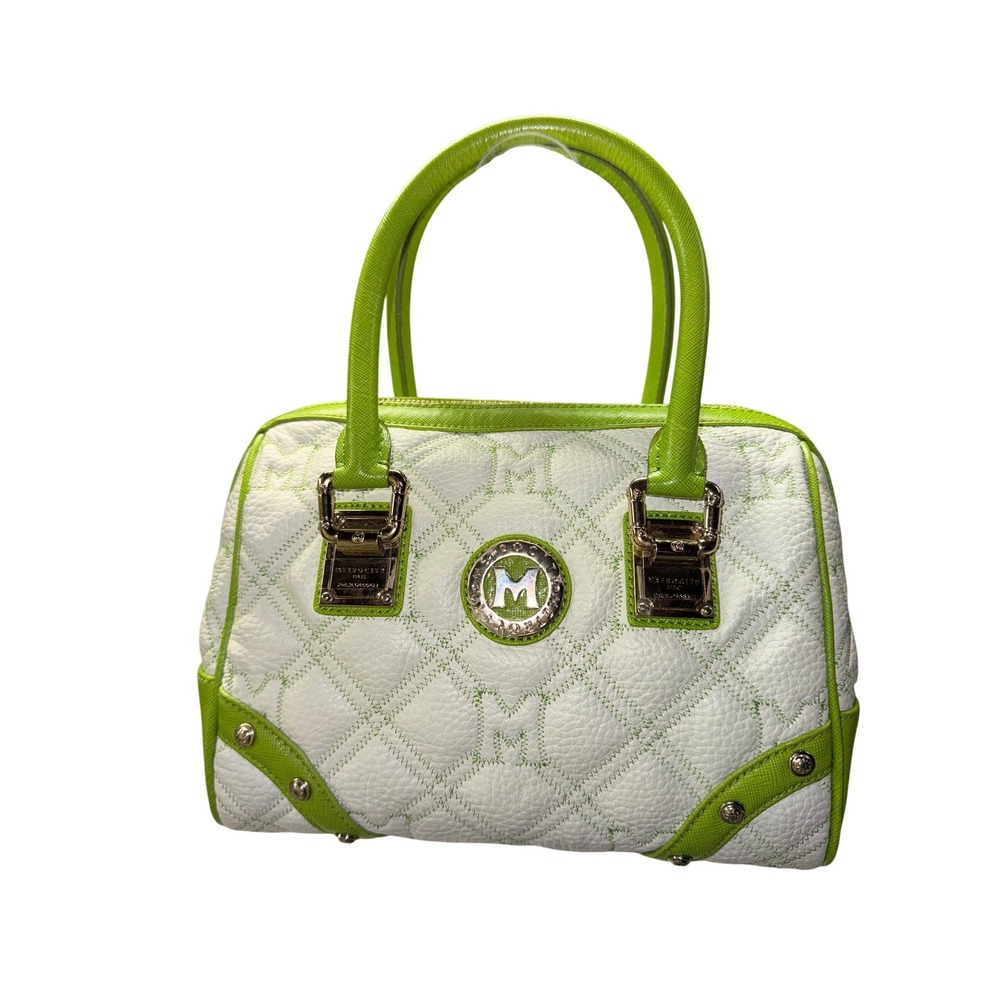 Metrocity Italy White Lime Green Quilted Leather Satchel‎ Handbag Gold Hardware